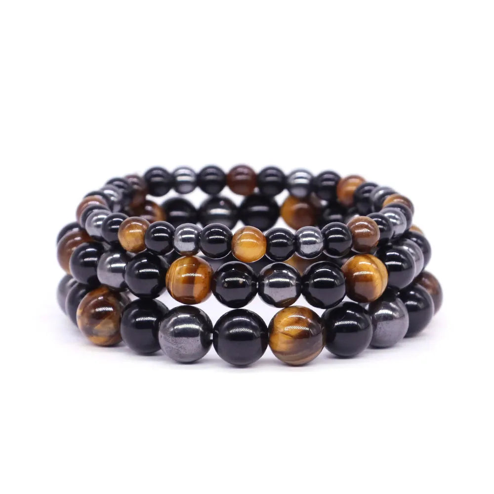 Triple Protection Bracelet for Bring Luck and Prosperity Natural Hematite Black Obsidian Tiger Eye Stone Bracelets for Men Women