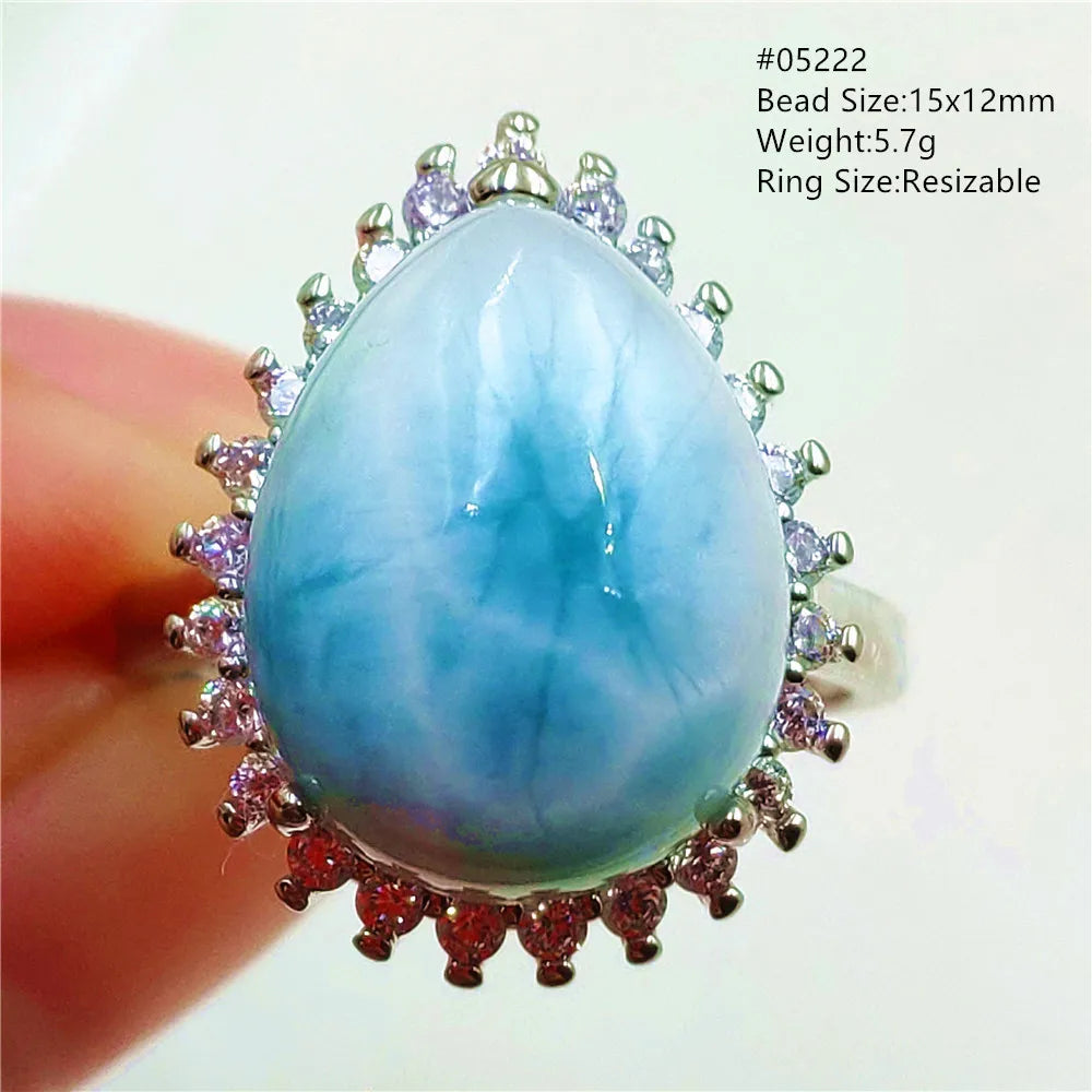 Natural Blue Larimar Gemstone Adjustable Ring Oval 925 Sterling Silver Dominica Women Water Pattern Larimar Ring AAAAAA