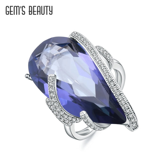 GEM'S BEAUTY Anel de prata esterlina 925 feito à mão Quartzo místico natural - Anel de gema azul lolita para meninas, joias de noivado e casamento