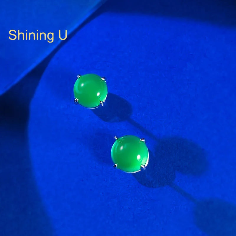 Shining U S925 Silver 6mm/8mm Simulated Chrysoprase Stud Earrings for Women New Chinese Style Fine Jewelry Gift