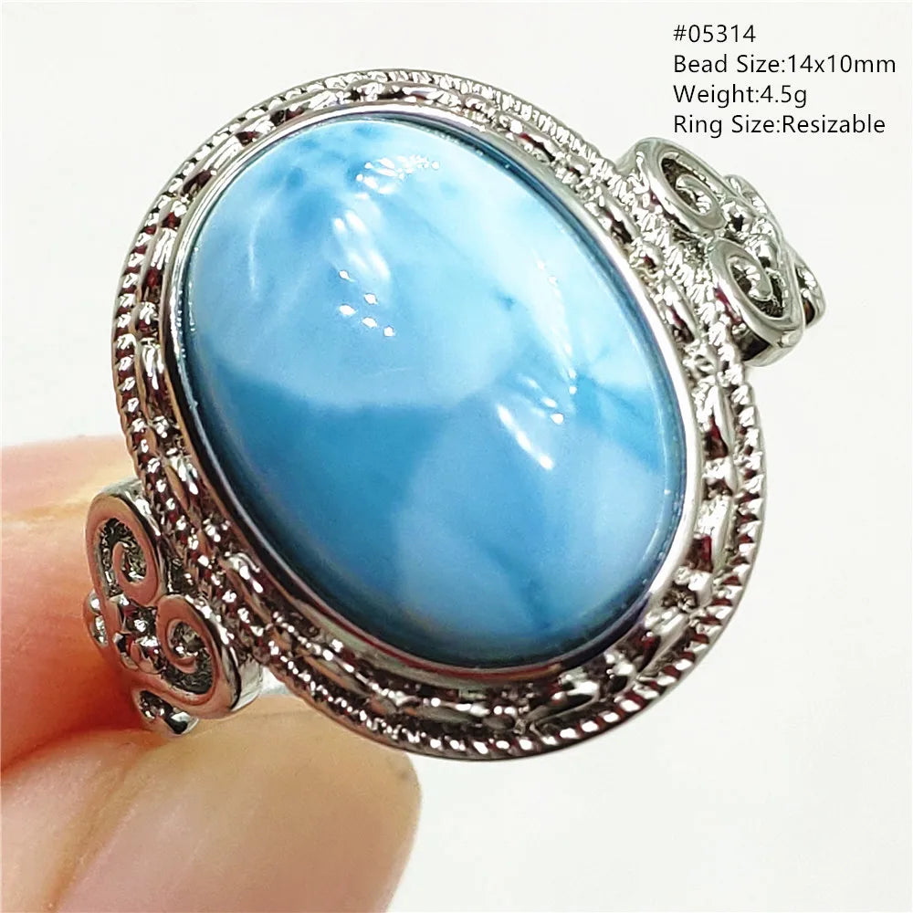 Natural Blue Larimar Gemstone Adjustable Ring Oval 925 Sterling Silver Dominica Women Water Pattern Larimar Ring AAAAAA