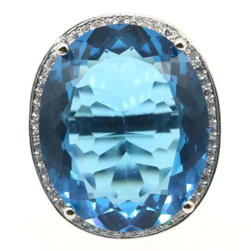 Compre 4 e leve 1 grátis 25x21mm SheCrown Unique Big Gemstone London Blue Topaz CZ Dating Silver Rings Vários tamanhos 6-11