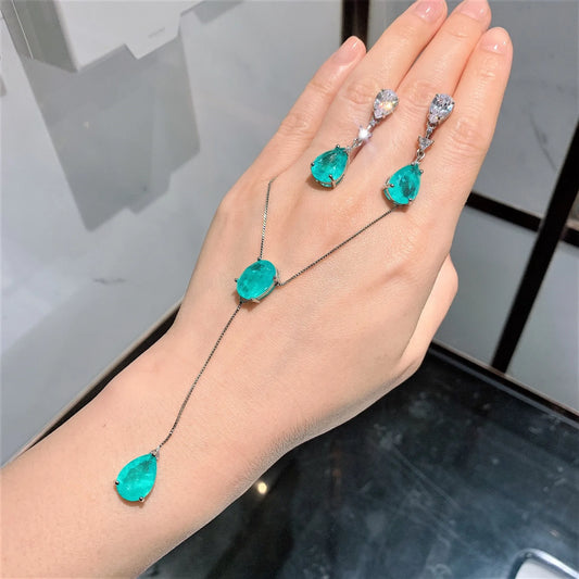 2022 Paraiba Tourmaline Gemstone Long Pendant Necklace Tassel Earrings Wedding Anniversary Fine Jewelry Set Women Birthday Gift