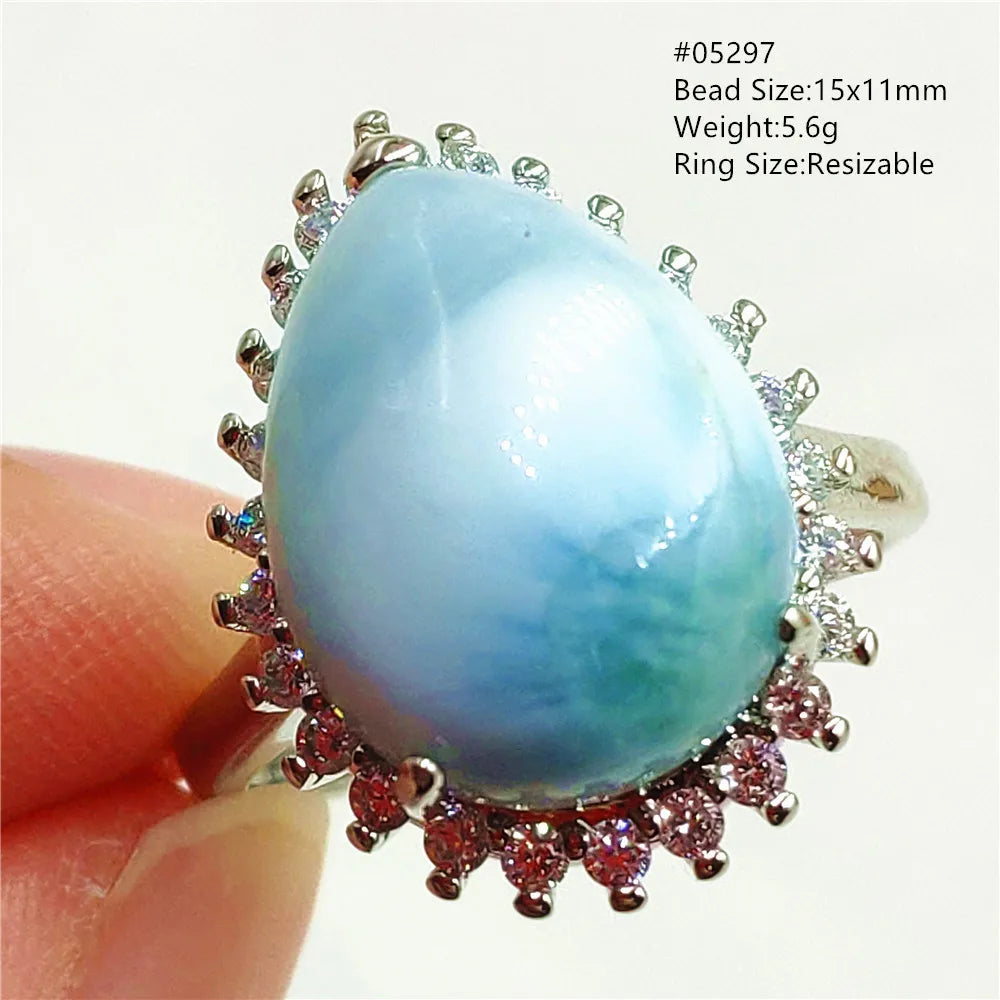 Natural Blue Larimar Gemstone Adjustable Ring Oval 925 Sterling Silver Dominica Women Water Pattern Larimar Ring AAAAAA