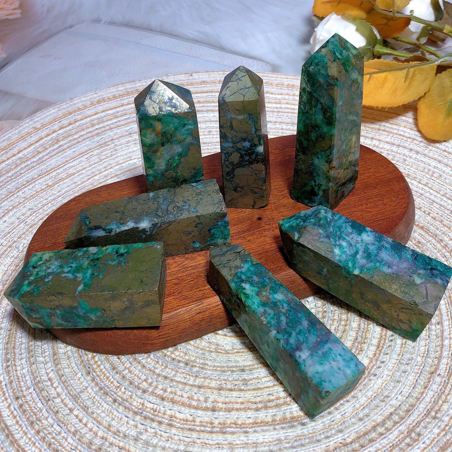 Natural Crystal Dioptase Tower Pyrite Healing Wholesale Gemstone Energy Polished Obelisk Precious Gift