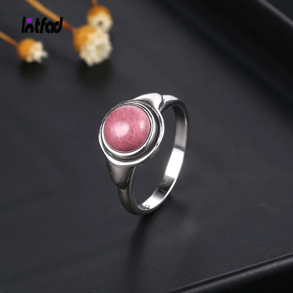 Romantic Natural Rhodochrosite 925 Sterling Silver Luxury Wedding Party Anniversary Gift Round Tiger Eye Retro Ring for Women