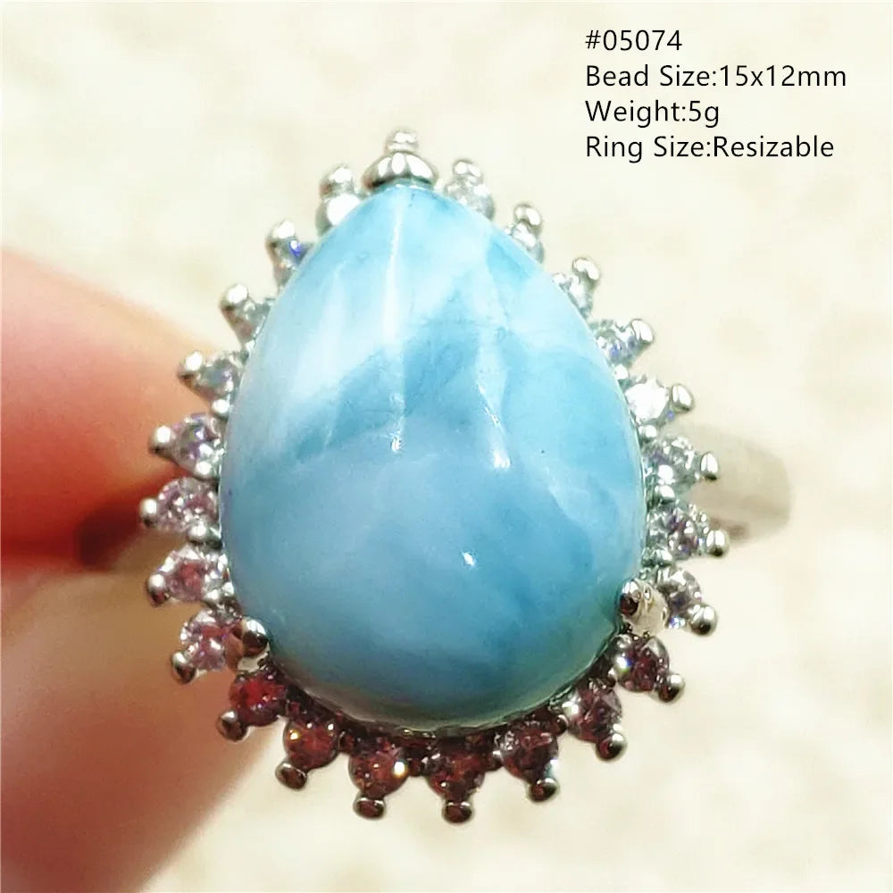 Natural Blue Larimar Gemstone Adjustable Ring Oval 925 Sterling Silver Dominica Women Water Pattern Larimar Ring AAAAAA