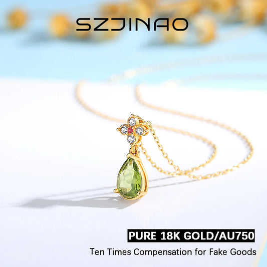 18K Gold Natural Peridot Pendant Necklace â€“ Water Drop Shape, Certified, Trendy Jewelry Gift for Women