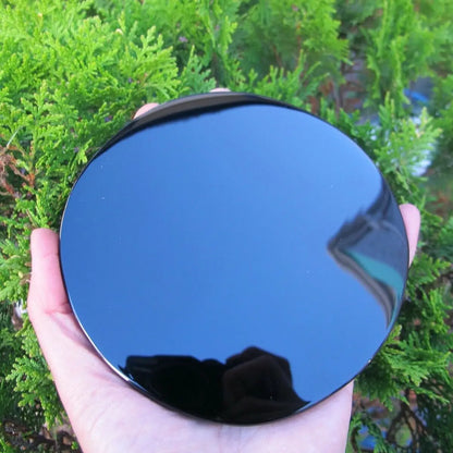 High Quality Natural Black Obsidian Scrying Mirror Healing Crystals Stone Round Plate Witchcraft Mirror Crystal Decor With Shelf