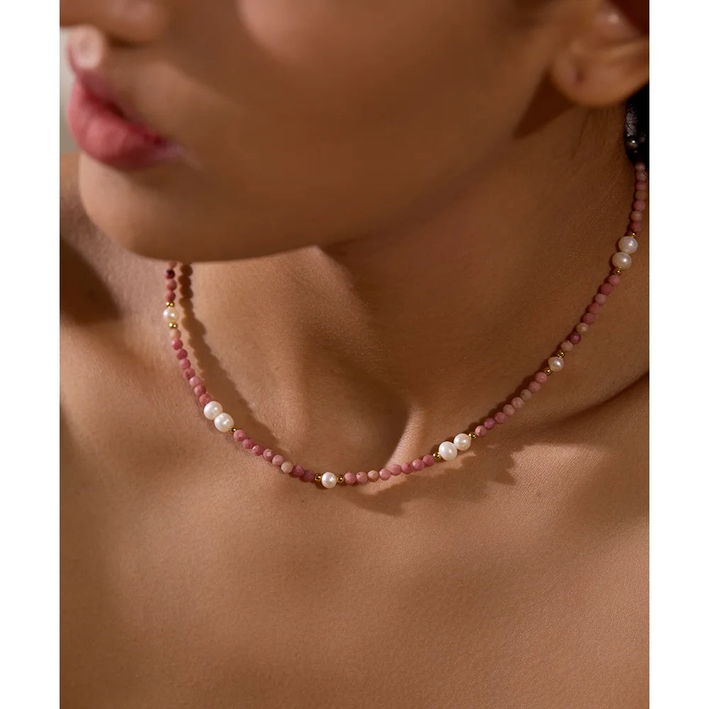 Yhpup Pink Natural Stone Freshwater Pearl Handmade Necklace Stainless Steel Rhodochrosite Jewelry Trendy Women Bijoux Waterproof