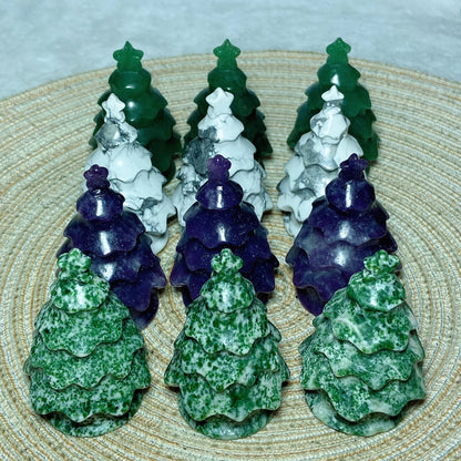 Jaspe verde de cristal natural, lepidolita, howlita, aventurina verde, tallado de árbol de Navidad, energía Reiki, decoraciones para el hogar, regalo mineral