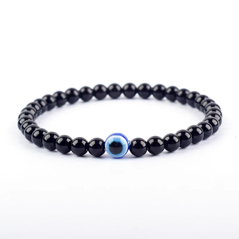 Blue Evil Eye Polished Black Onyx Bracelet Men Women 6mm Bead Obisidian Hematite Resin Jewelry Pink Reiki Healing Bulk Wholesale