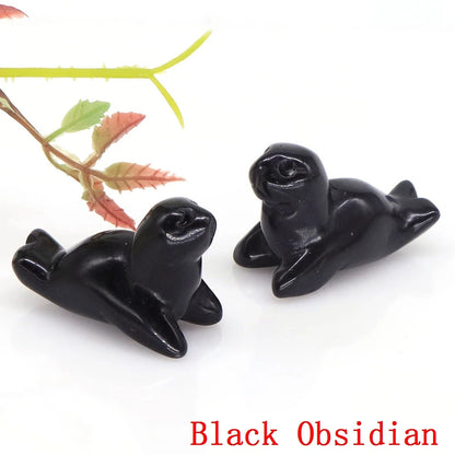 1.6" Sea Lion Statue  Obsidian ; Agate Crystal Carved Figurine for Reiki Healing  Home Decor