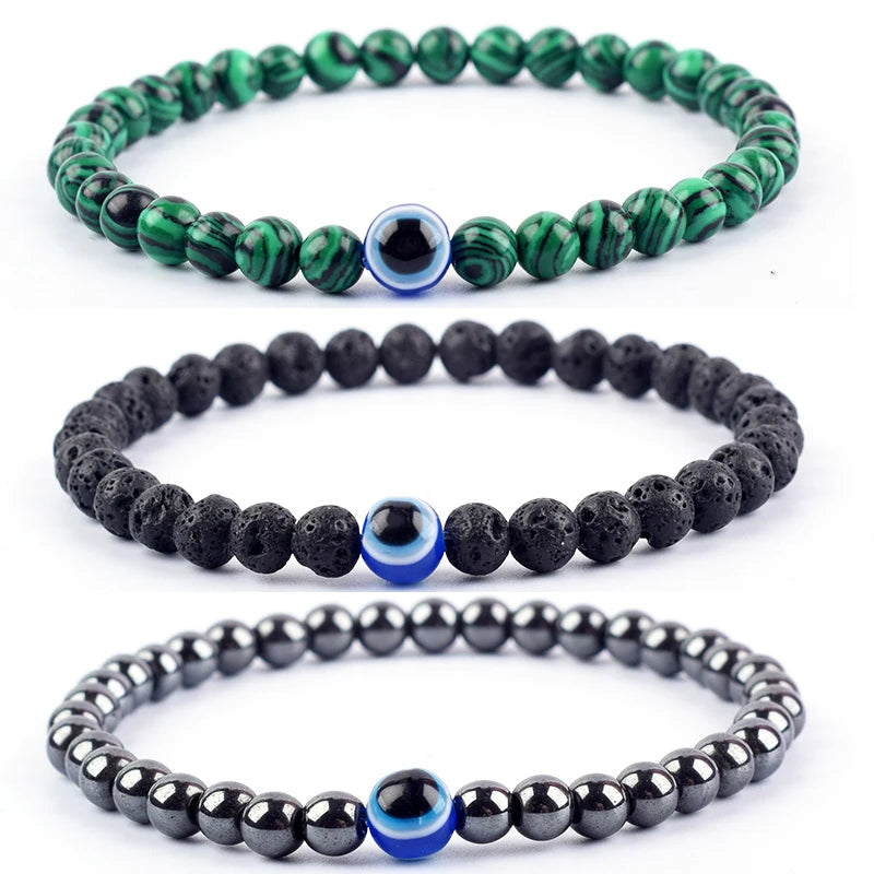 Blue Evil Eye Polished Black Onyx Bracelet Men Women 6mm Bead Obisidian Hematite Resin Jewelry Pink Reiki Healing Bulk Wholesale