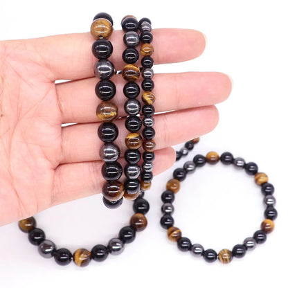 Triple Protection Bracelet for Bring Luck and Prosperity Natural Hematite Black Obsidian Tiger Eye Stone Bracelets for Men Women