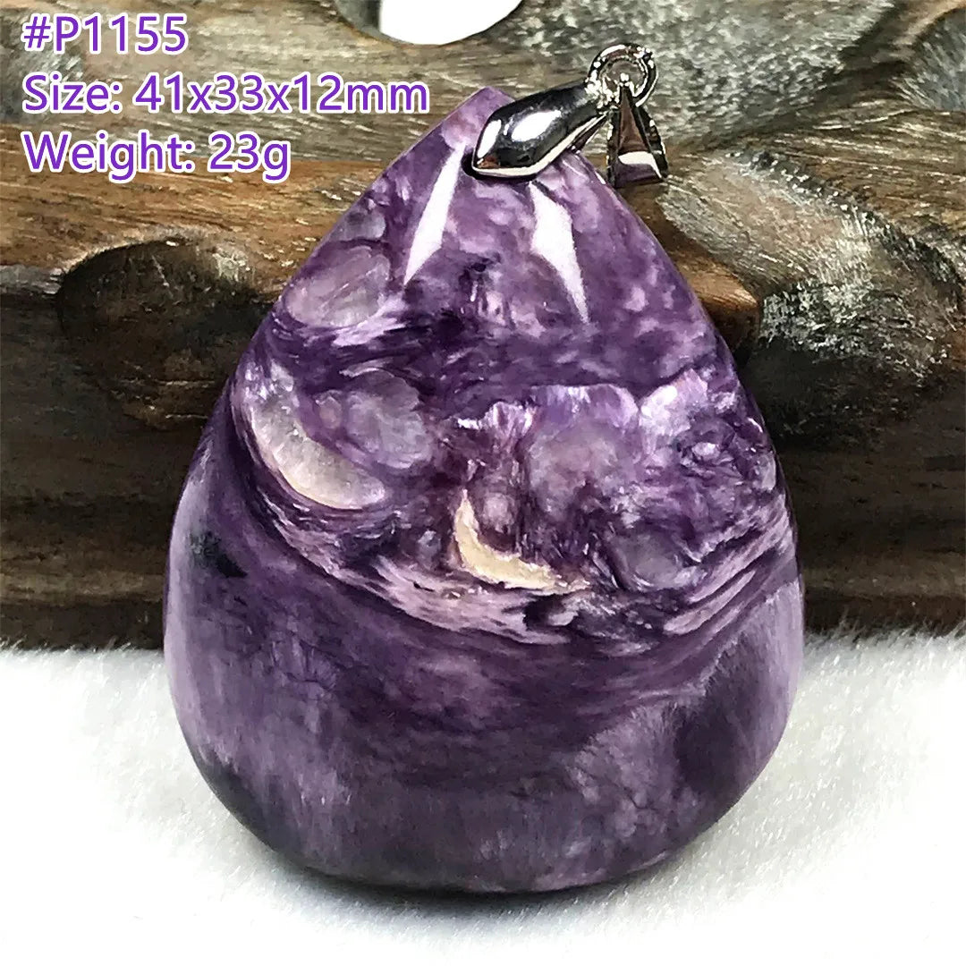 Colgante de collar de charoita morada natural de primera calidad, joyería para mujeres, hombres, regalo de suerte, cuentas de plata de cristal de belleza, piedra rusa AAAAA