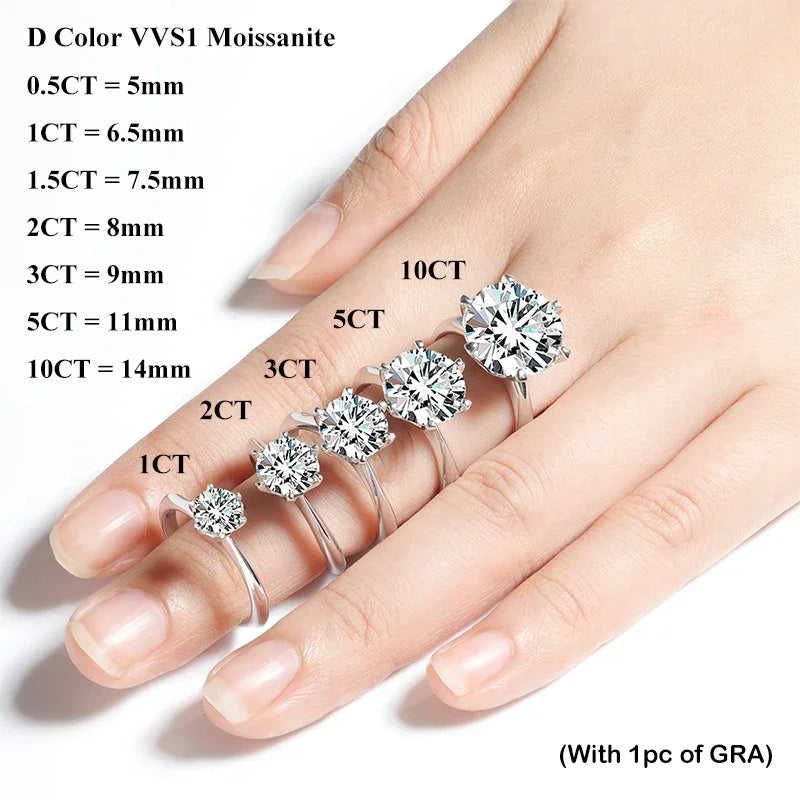 EWYA GRA Certified 0.5-10CT D Color Moissanite Solitaire Engagement Rings for Women Silver 925 Wedding Bridal Big Diamond Band