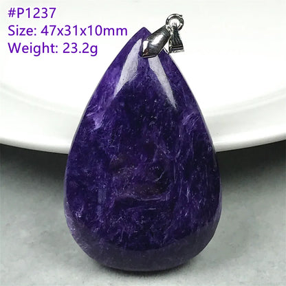 Colgante de collar de charoita morada natural de primera calidad, joyería para mujeres, hombres, regalo de suerte, cuentas de plata de cristal de belleza, piedra rusa AAAAA