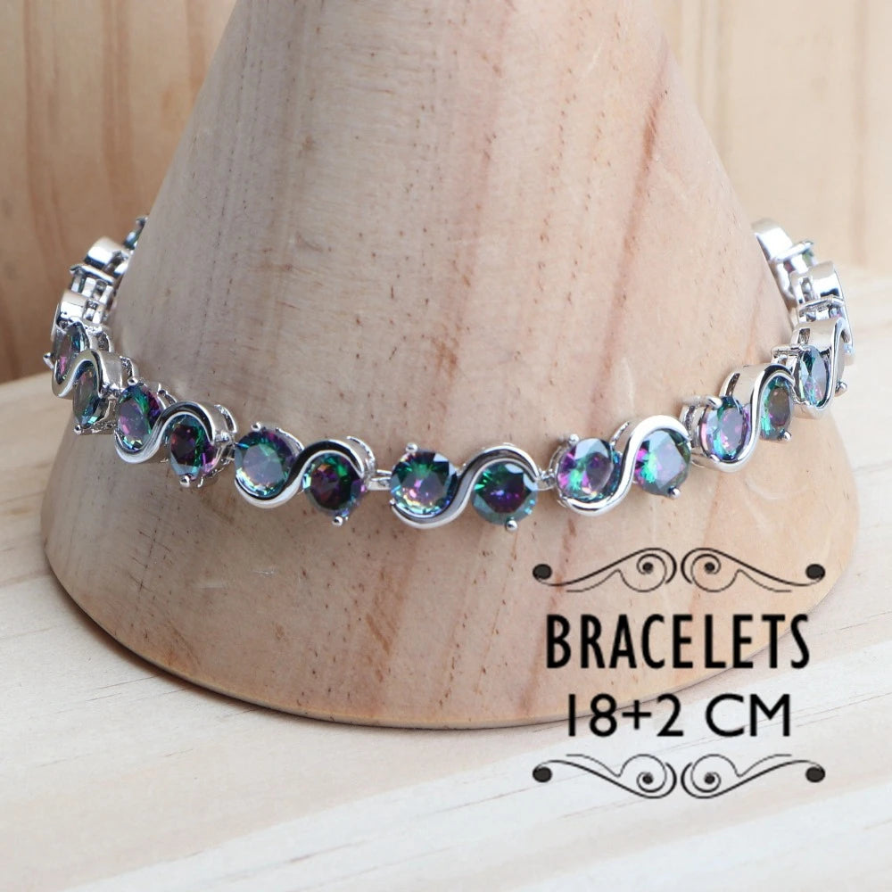 Conjuntos de joyas de plata de ley 925 para novias, mujeres, pendientes de circonita arcoíris mágica natural, anillo, pulseras, colgante, conjunto de collar de boda