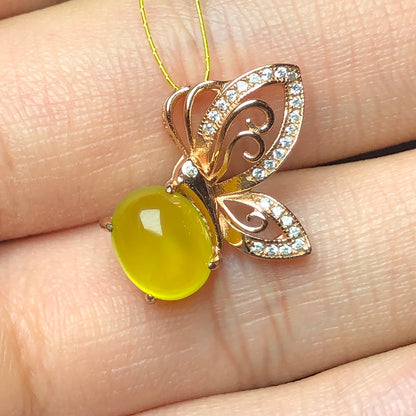 Natural prehnite silver pendant, oval 8mm*10mm, yellow and light color,  romantic gift for girls, beautiful butterfly