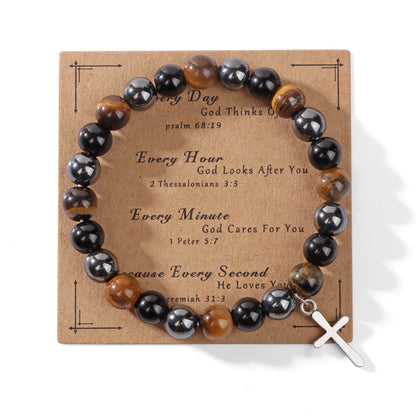 New Natural Pink Zebra Stone Bracelet Round Tiger Eye Hematite Beads Cross Pendant Bracelets with Card for Women Men Jewelry