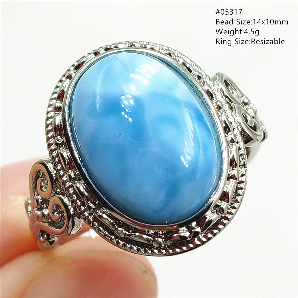 Natural Blue Larimar Gemstone Adjustable Ring Oval 925 Sterling Silver Dominica Women Water Pattern Larimar Ring AAAAAA