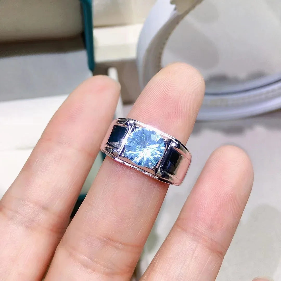 2ct Brilliant Light Blue Topaz Man Ring 8mm*8mm Natural Topaz Ring for Man 925 Silver Topaz Jewelry for Daily Wear