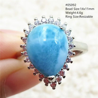 Natural Blue Larimar Gemstone Adjustable Ring Oval 925 Sterling Silver Dominica Women Water Pattern Larimar Ring AAAAAA