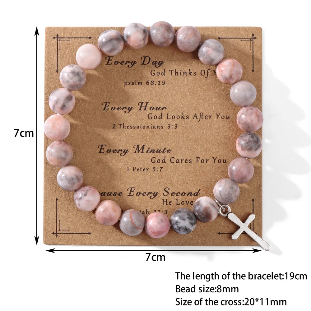 New Natural Pink Zebra Stone Bracelet Round Tiger Eye Hematite Beads Cross Pendant Bracelets with Card for Women Men Jewelry