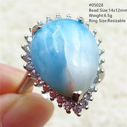 Natural Blue Larimar Gemstone Adjustable Ring Oval 925 Sterling Silver Dominica Women Water Pattern Larimar Ring AAAAAA