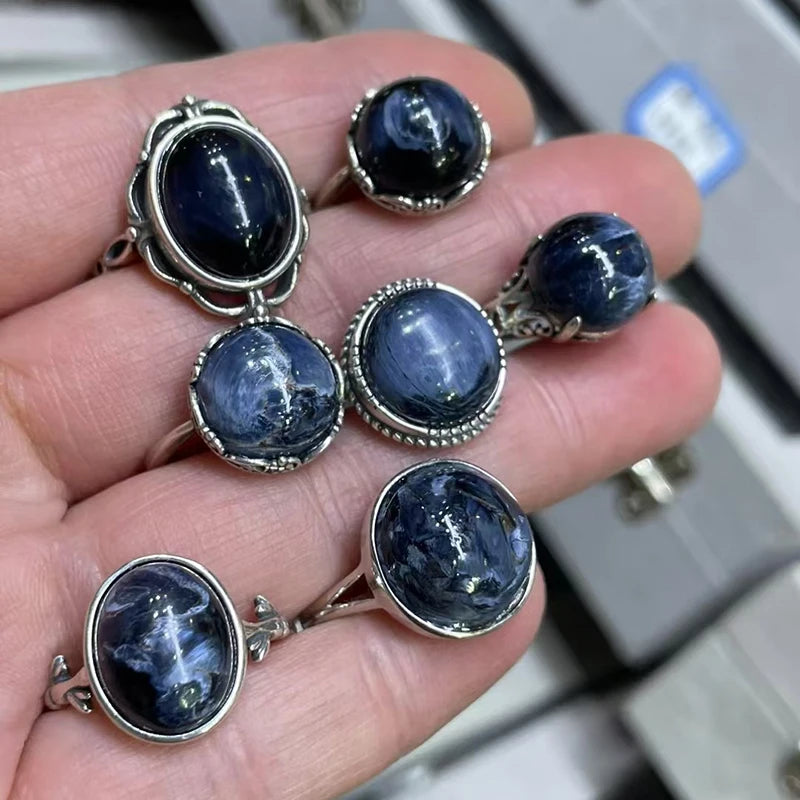 Anillos de dedo de una pieza de plata 925 con piedras preciosas de cristal de pietersita natural para regalo de joyería