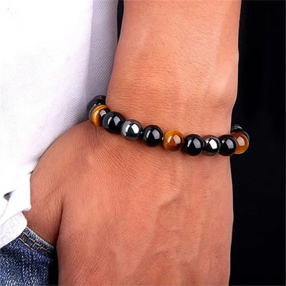 Triple Protection Bracelet for Bring Luck and Prosperity Natural Hematite Black Obsidian Tiger Eye Stone Bracelets for Men Women