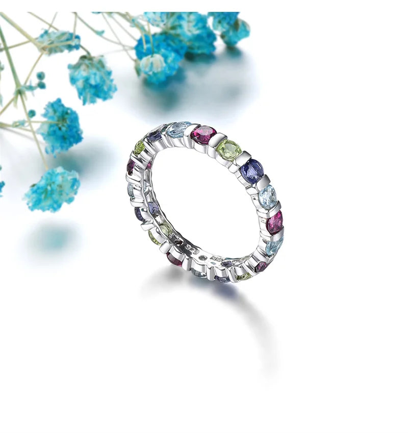 925 Sterling Silver Gemstone Eternity Ring for Women Gemstone Natural Rhodolite Garnet Lolite Topaz Ring for Women