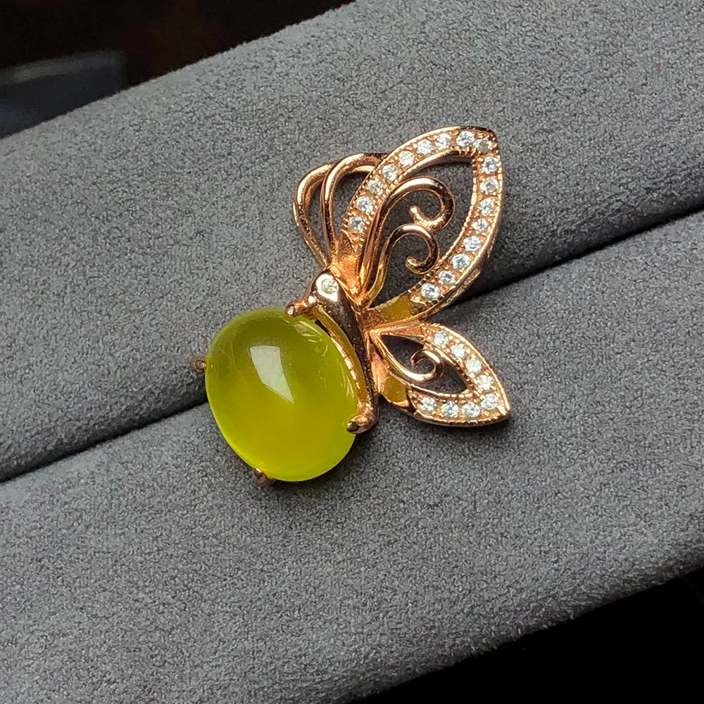 Natural prehnite silver pendant, oval 8mm*10mm, yellow and light color,  romantic gift for girls, beautiful butterfly