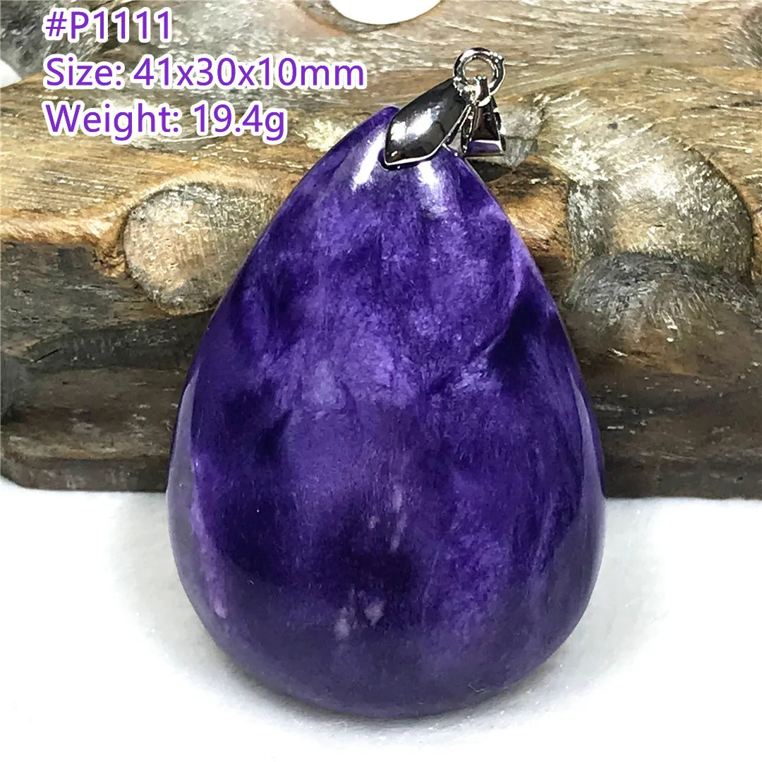 Colgante de collar de charoita morada natural de primera calidad, joyería para mujeres, hombres, regalo de suerte, cuentas de plata de cristal de belleza, piedra rusa AAAAA