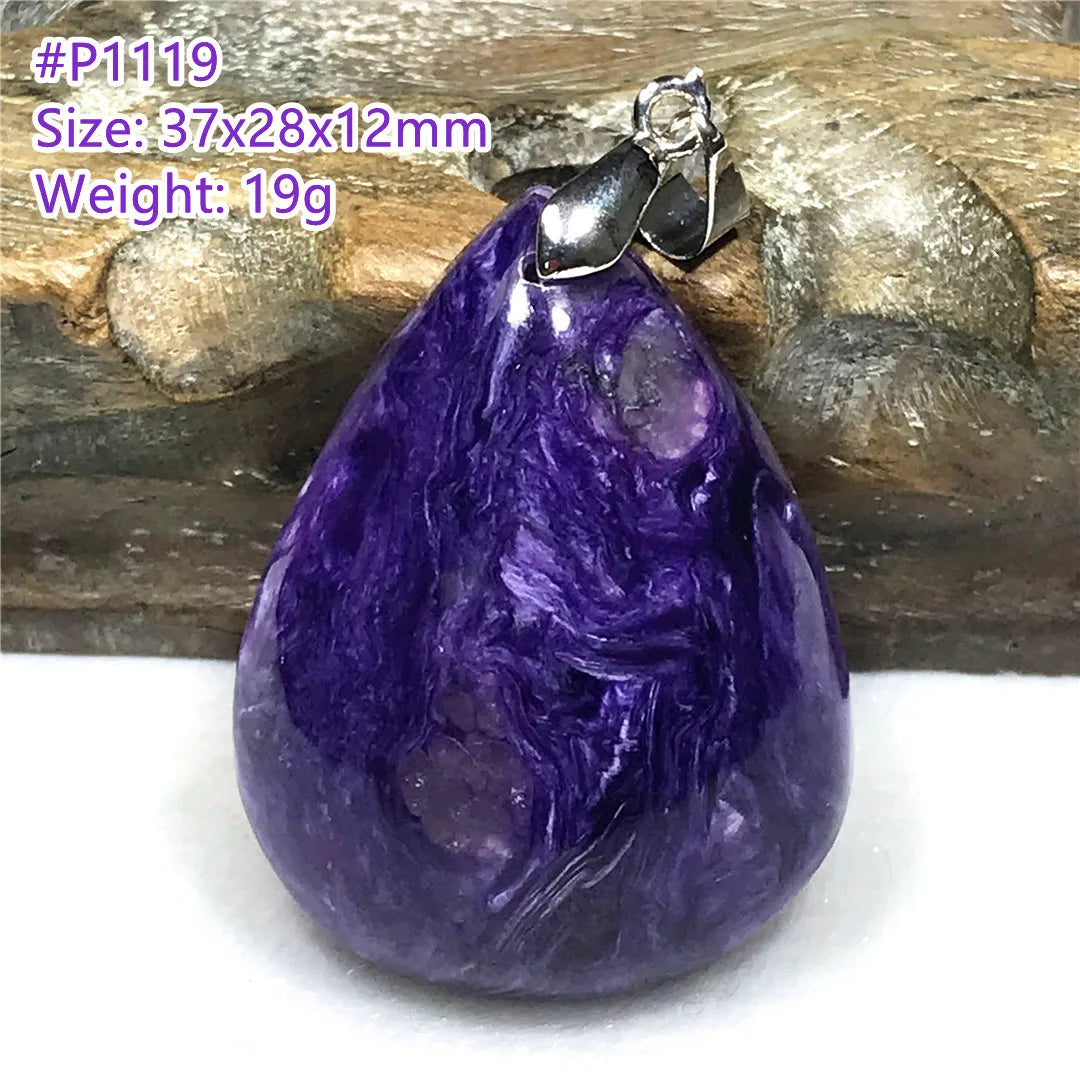 Colgante de collar de charoita morada natural de primera calidad, joyería para mujeres, hombres, regalo de suerte, cuentas de plata de cristal de belleza, piedra rusa AAAAA