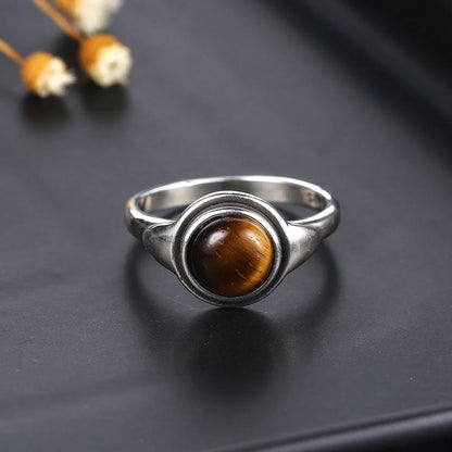 Romantic Natural Rhodochrosite 925 Sterling Silver Luxury Wedding Party Anniversary Gift Round Tiger Eye Retro Ring for Women