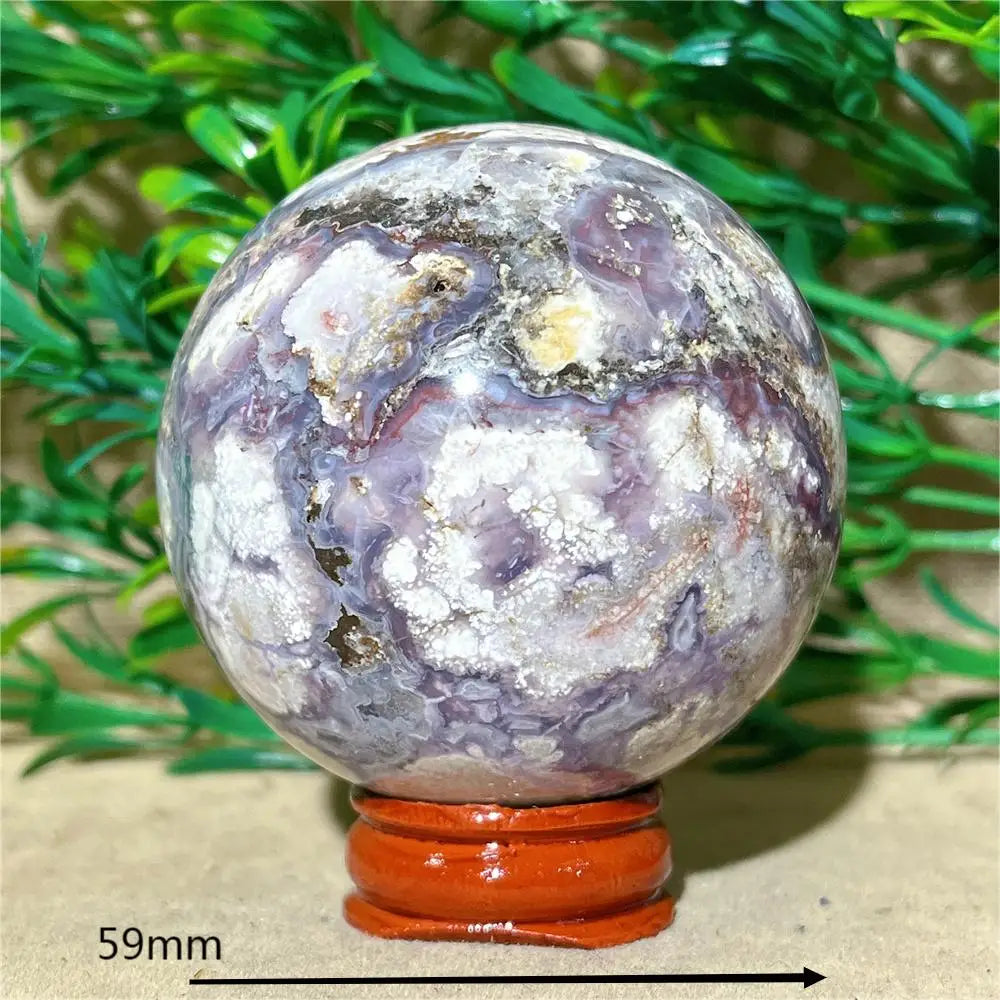 Esfera de Ágata de Flor Roxa Bola de Cristal Natural Drusa Mineral Pedras Preciosas Minerais Ornamentos Espirituais Decoração para Casa + Suporte