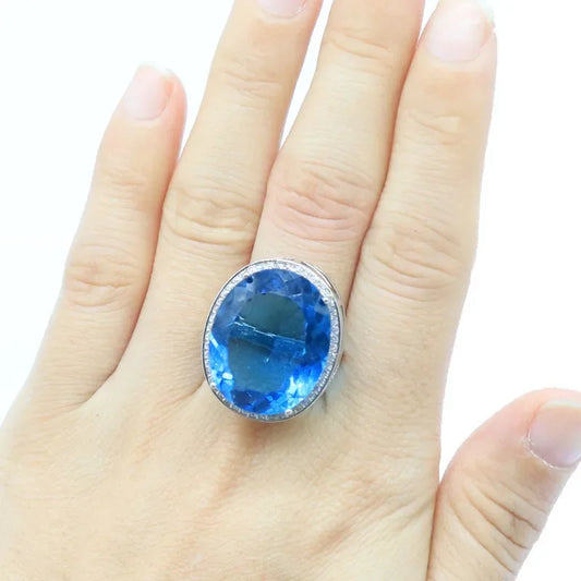 Buy 4 Get 1 Free 25x21mm SheCrown Unique Big Gemstone London Blue Topaz CZ Dating Silver Rings Many Sizes 6-11