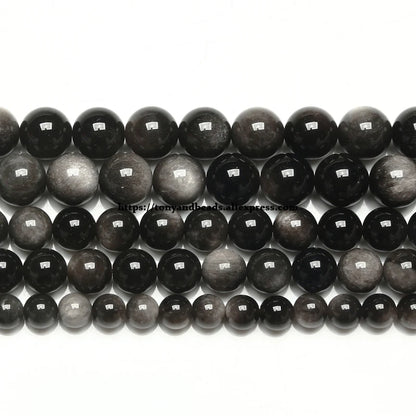 Natural Stone Silver Color Obsidian Round Loose Beads 15" Strand 4 6 8 10 12 14MM Pick Size For Jewelry Making