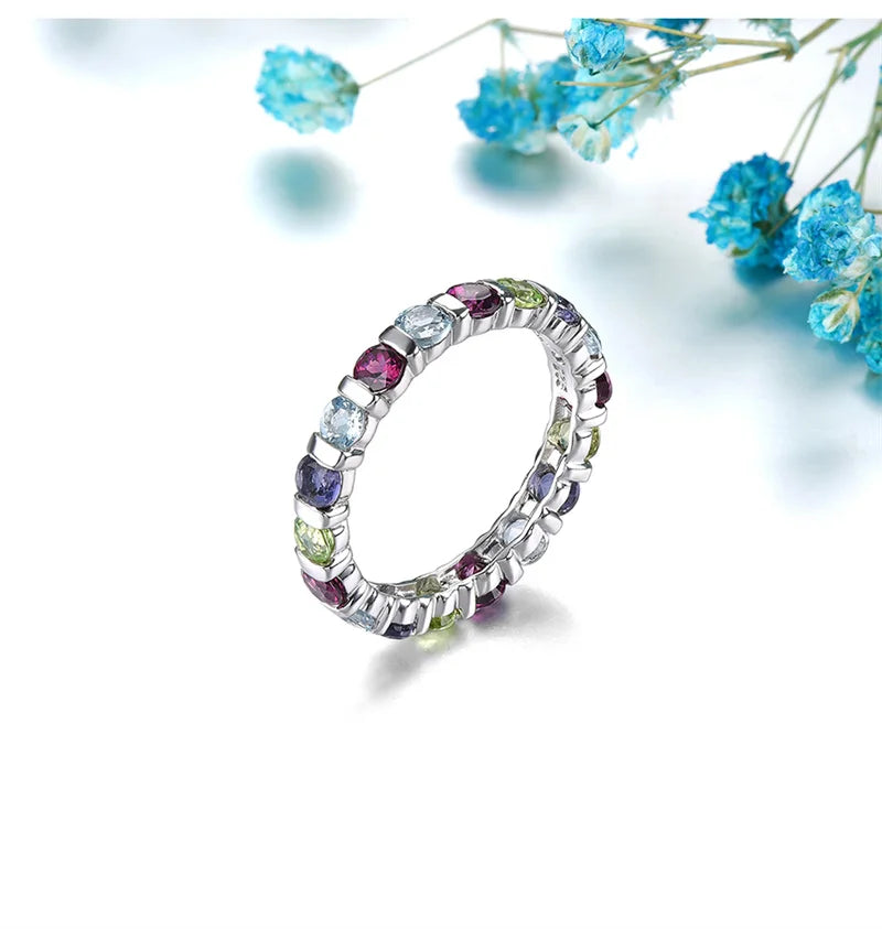 925 Sterling Silver Gemstone Eternity Ring for Women Gemstone Natural Rhodolite Garnet Lolite Topaz Ring for Women