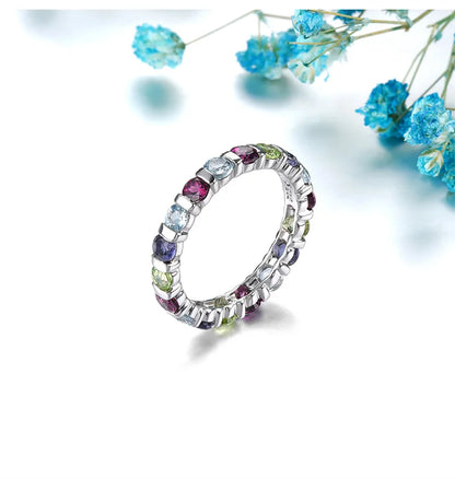 925 Sterling Silver Gemstone Eternity Ring for Women Gemstone Natural Rhodolite Garnet Lolite Topaz Ring for Women