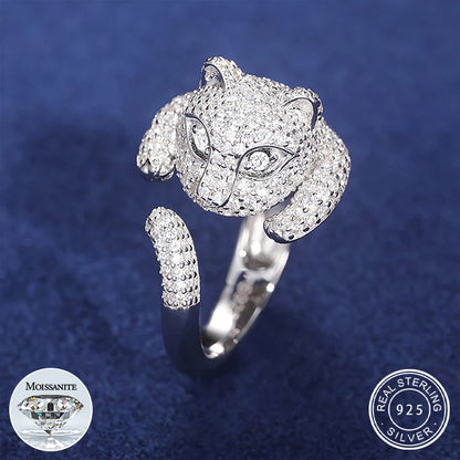 Sparkling Moissanite Diamond Cat Design Opening Rings for Women Men Original Silver 925 Rings Party Jewelry Accessories Gift