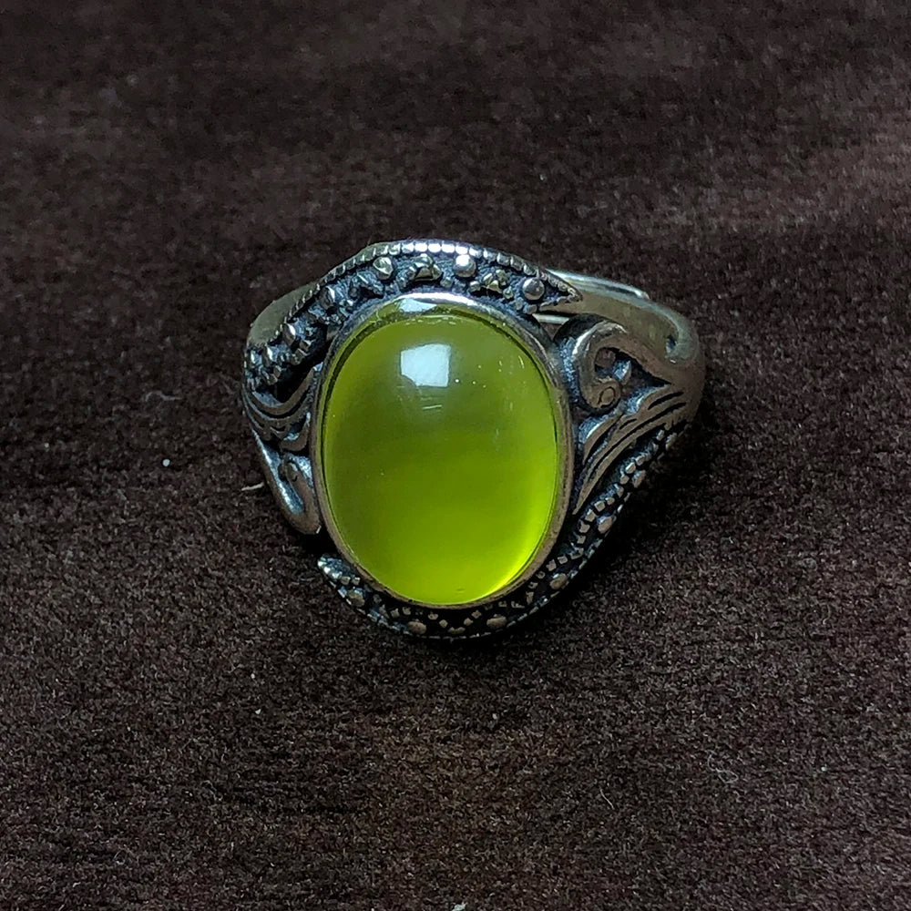 Natural yellow prehnite 925 sterling silver rings for women and man, Oval stone,Bone pattern statement jewelry