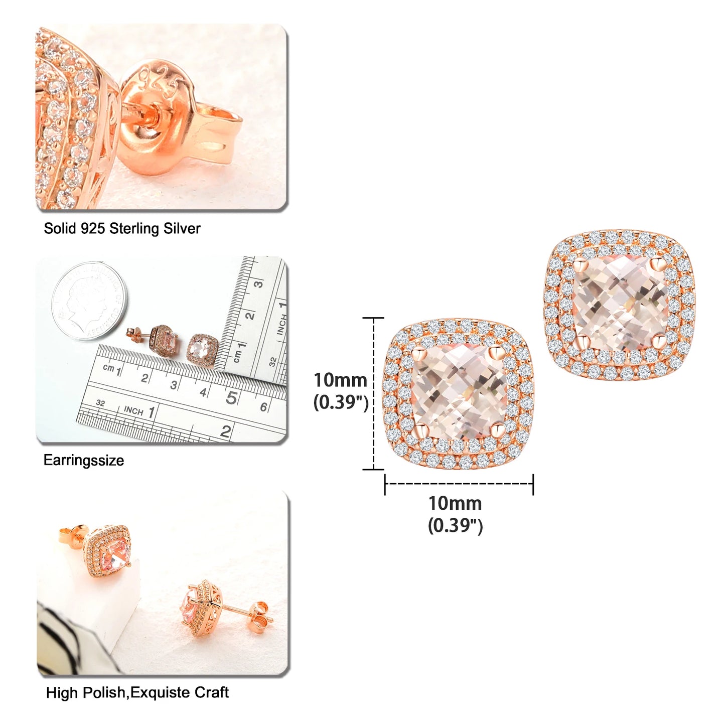 GZ ZONGFA 925 Brincos de noivado de prata esterlina Morganite para mulheres 3,1 ct Lab Created Gemstone Rose Gold Plated Fine Jewelry