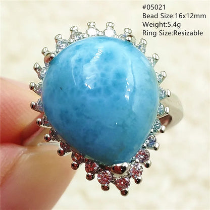 Natural Blue Larimar Gemstone Adjustable Ring Oval 925 Sterling Silver Dominica Women Water Pattern Larimar Ring AAAAAA