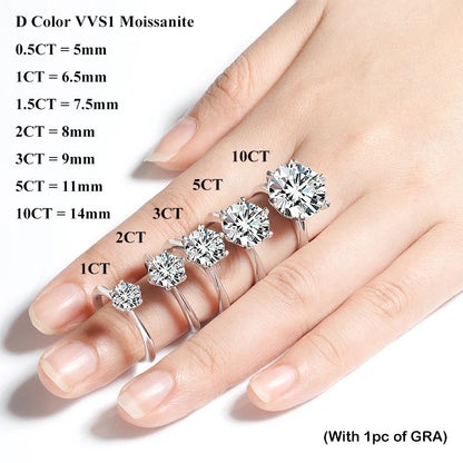 EWYA GRA Certified 0.5-10CT D Color Moissanite Solitaire Engagement Rings for Women Silver 925 Wedding Bridal Big Diamond Band