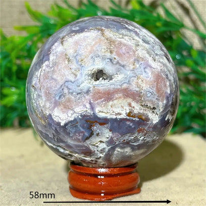 Esfera de Ágata de Flor Roxa Bola de Cristal Natural Drusa Mineral Pedras Preciosas Minerais Ornamentos Espirituais Decoração para Casa + Suporte