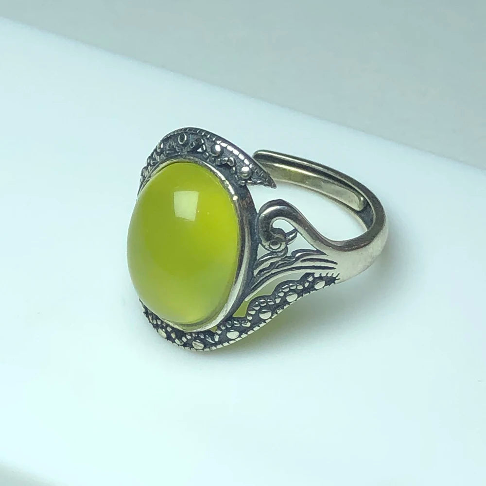 Natural yellow prehnite 925 sterling silver rings for women and man, Oval stone,Bone pattern statement jewelry